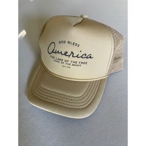 God Bless America Trucker Hat Tan Beige Snapback Mesh Cap Patriotic Est 1776